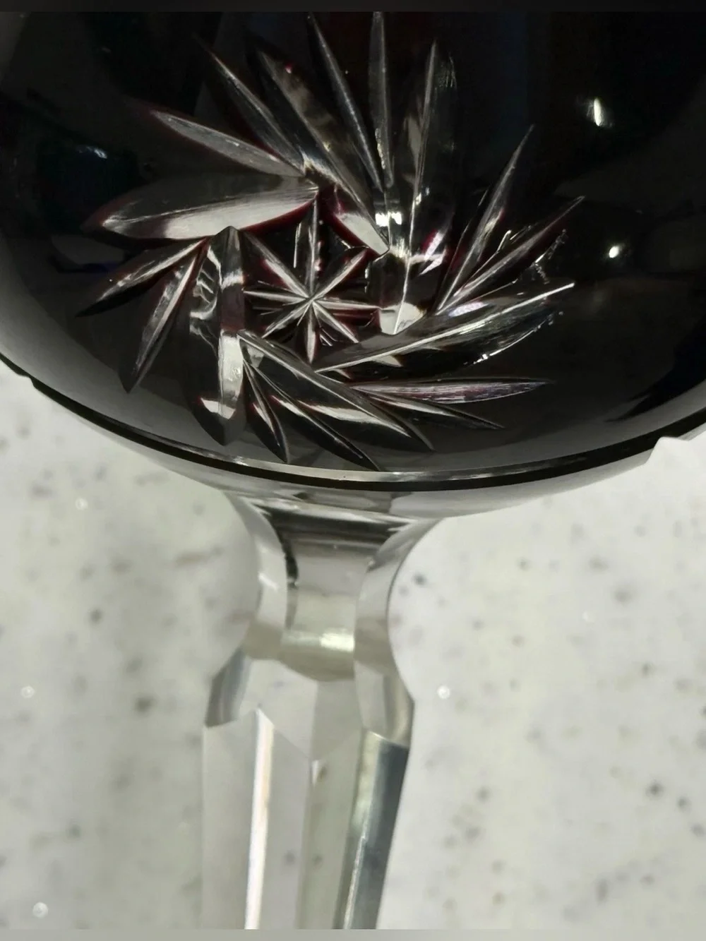 Bohemian Dark Amethyst / Red Cut to Clear Crystal Hock Wine Glass Goblet 8
